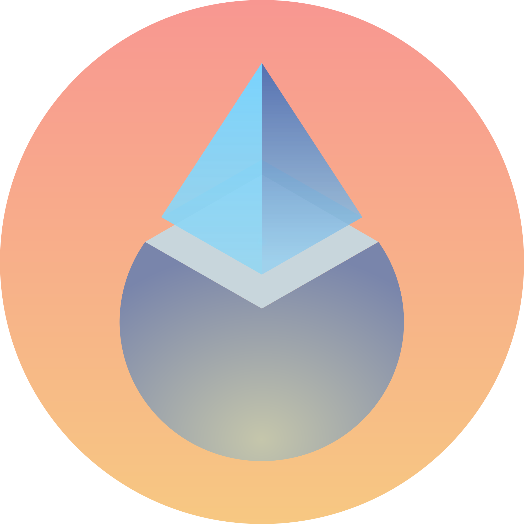 Stylized blue Ethereum-like diamond over a gray circular base on a peach circular background.