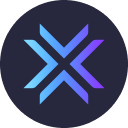 Stylized blue and purple crossed-ribbon logo centered on a dark circular background.