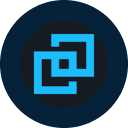 Cyan stylized floppy-disk icon centered within concentric dark blue and charcoal circles.