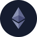 Stylized blue-gray Ethereum logo centered on a dark navy circle.